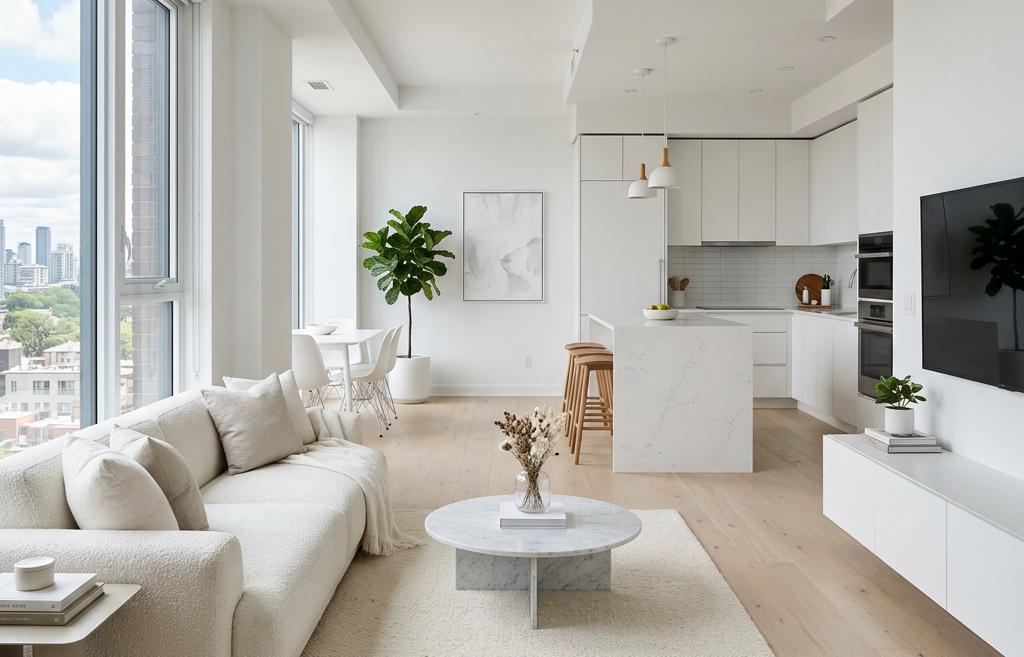 Open-concept living room and kitchen with white furniture, large windows, and wooden flooring.
